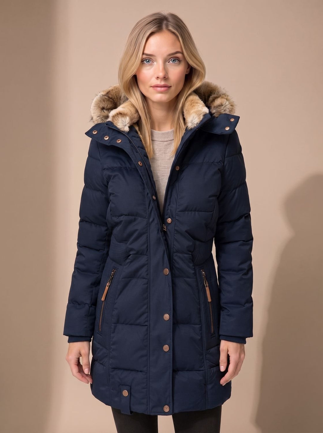 Women's Longline Quilted Puffer Coat Faux Fur Hooded - Blue