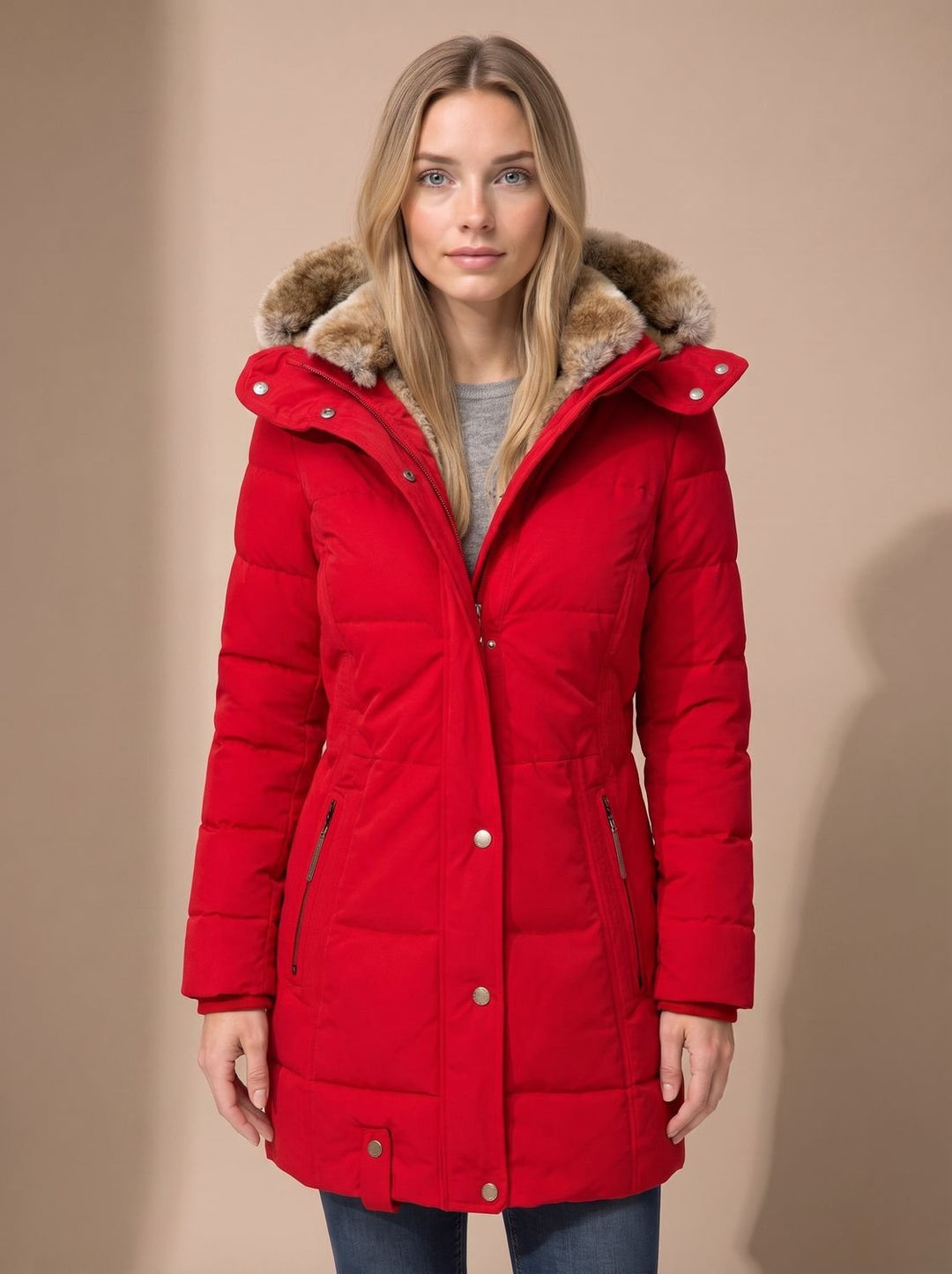 Women's Longline Quilted Puffer Coat Faux Fur Hooded - Red