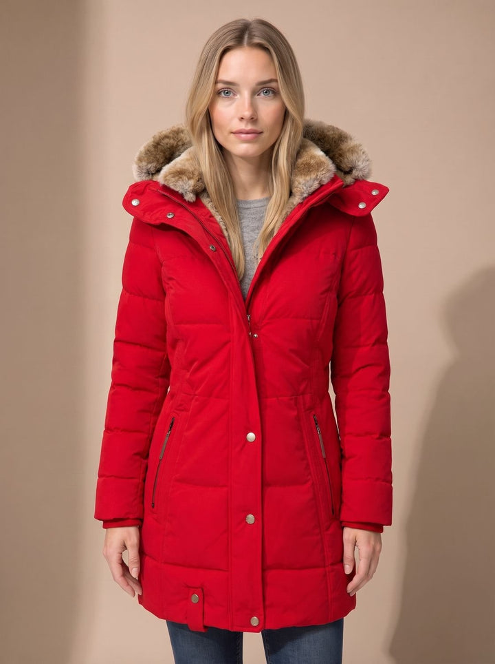 Women's Longline Quilted Puffer Coat Faux Fur Hooded - Red
