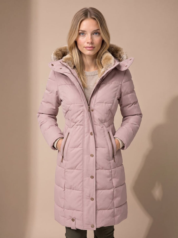 Women's Longline Quilted Puffer Coat Faux Fur Hooded - Pink