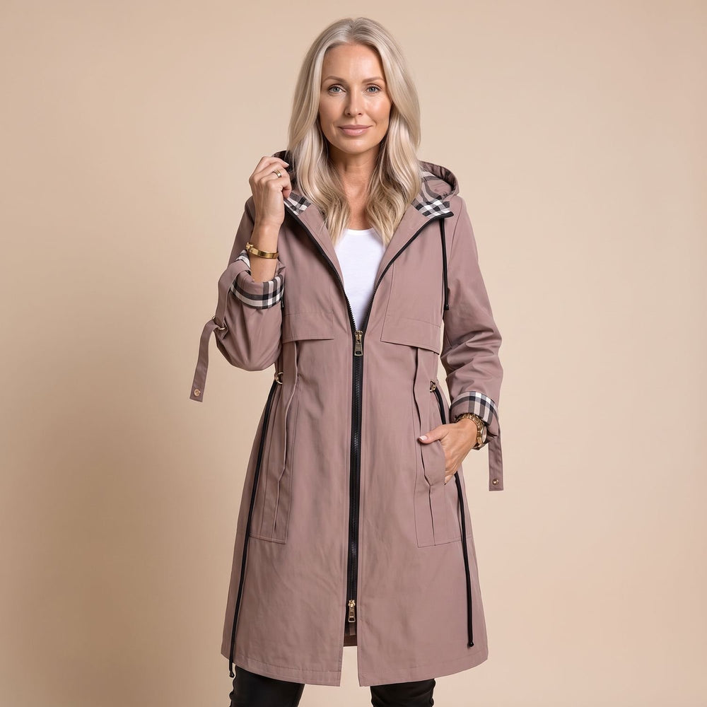 Women's Longline Zip-Front Plaid-Trimmed Hooded Trench Coat - Brown