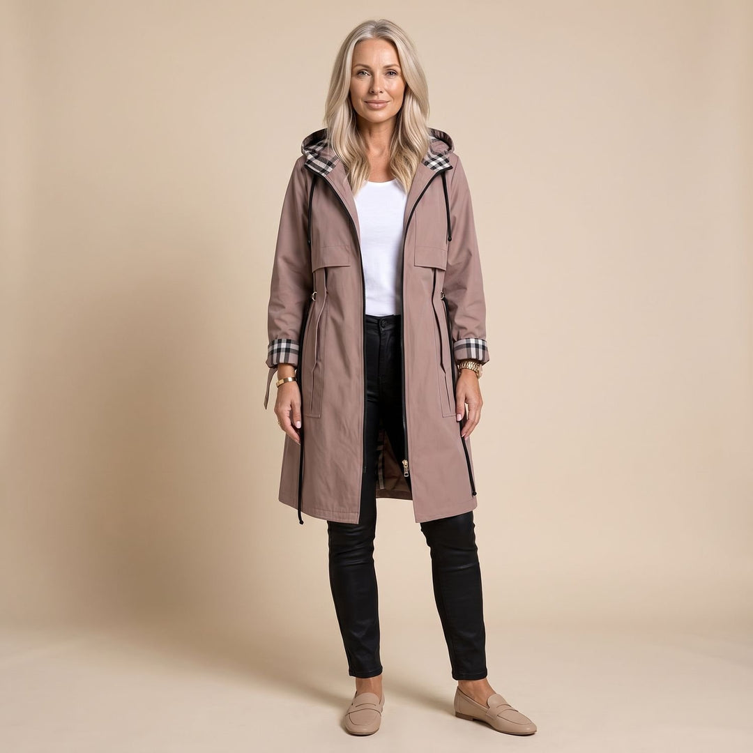 Women's Longline Zip-Front Plaid-Trimmed Hooded Trench Coat