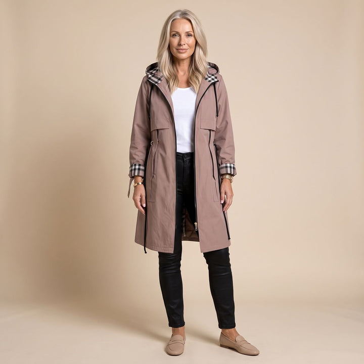 Women's Longline Zip-Front Plaid-Trimmed Hooded Trench Coat