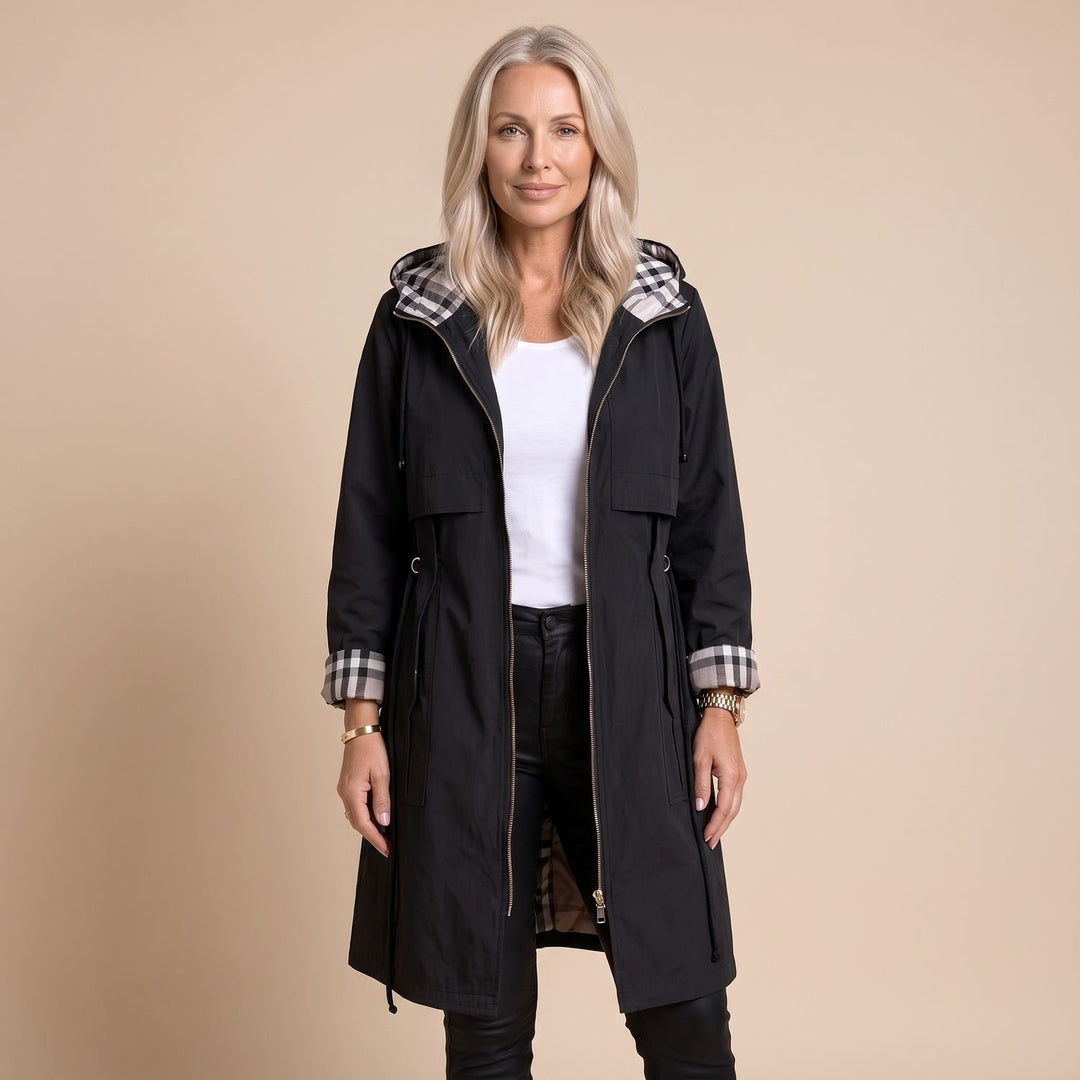 Women's Longline Zip-Front Plaid-Trimmed Hooded Trench Coat