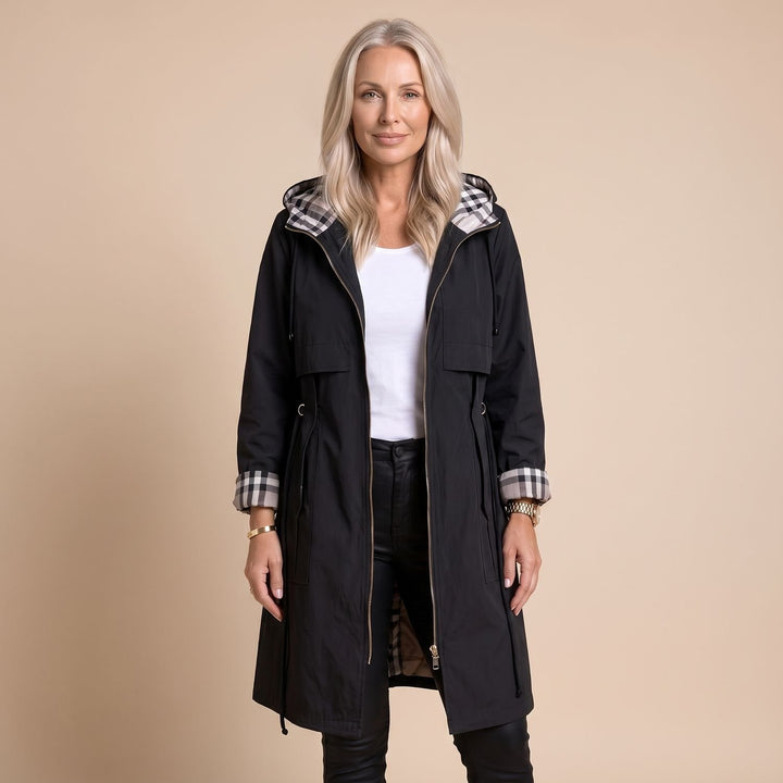 Women's Longline Zip-Front Plaid-Trimmed Hooded Trench Coat
