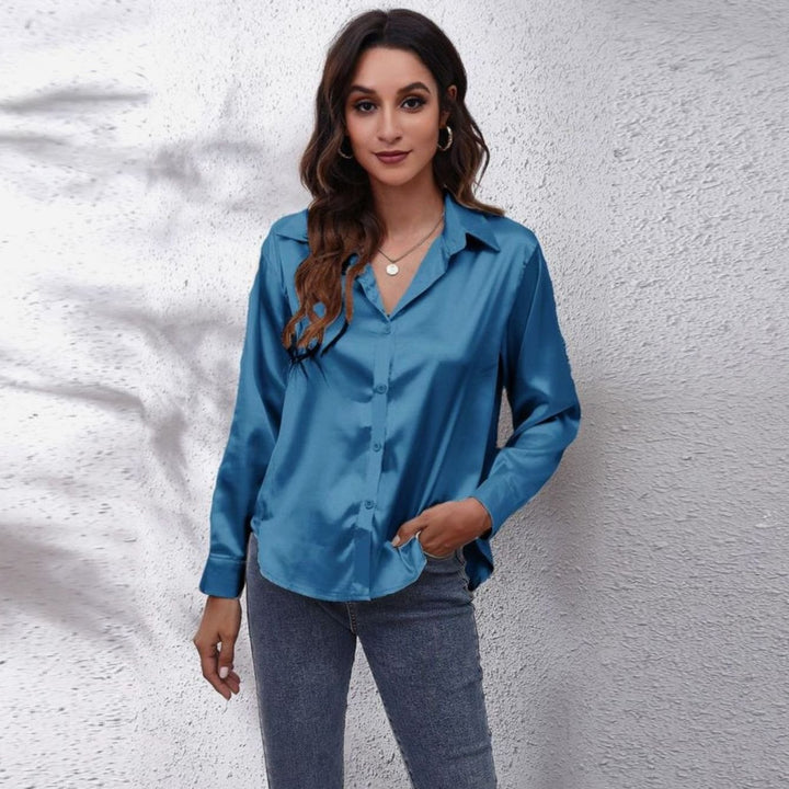Women's Loose-Fit Button-Down Long-Sleeve Satin Blouses - Blue