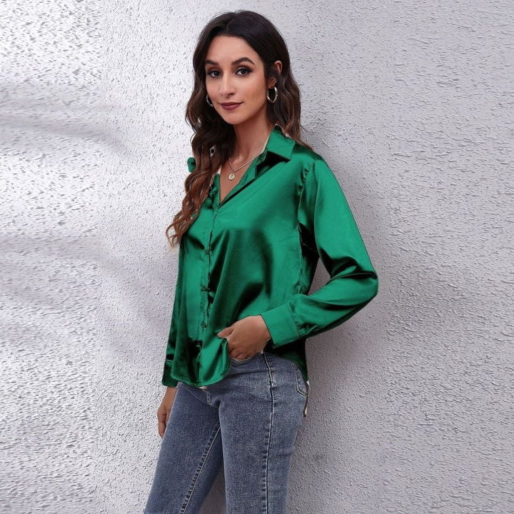 Women's Loose-Fit Button-Down Long-Sleeve Satin Blouses