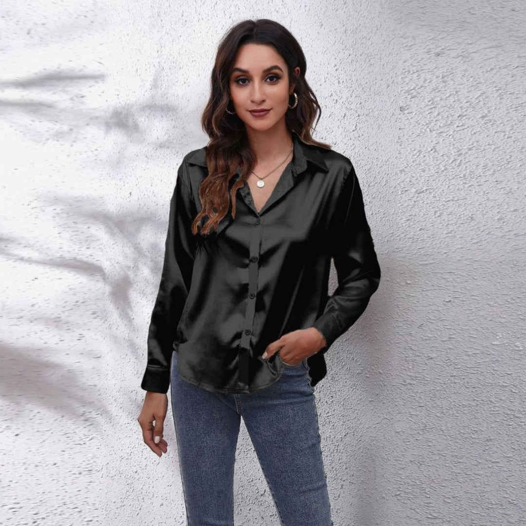 Women's Loose-Fit Button-Down Long-Sleeve Satin Blouses - Black