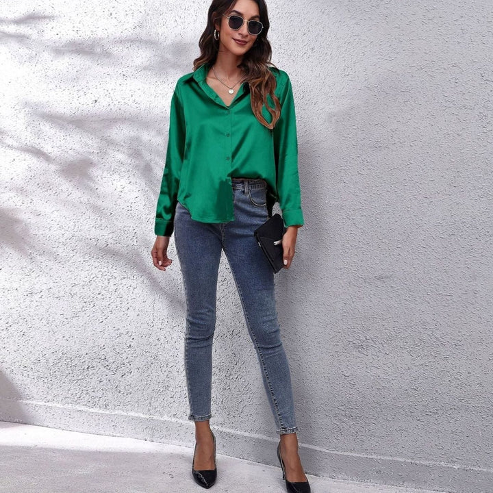 Women's Loose-Fit Button-Down Long-Sleeve Satin Blouses