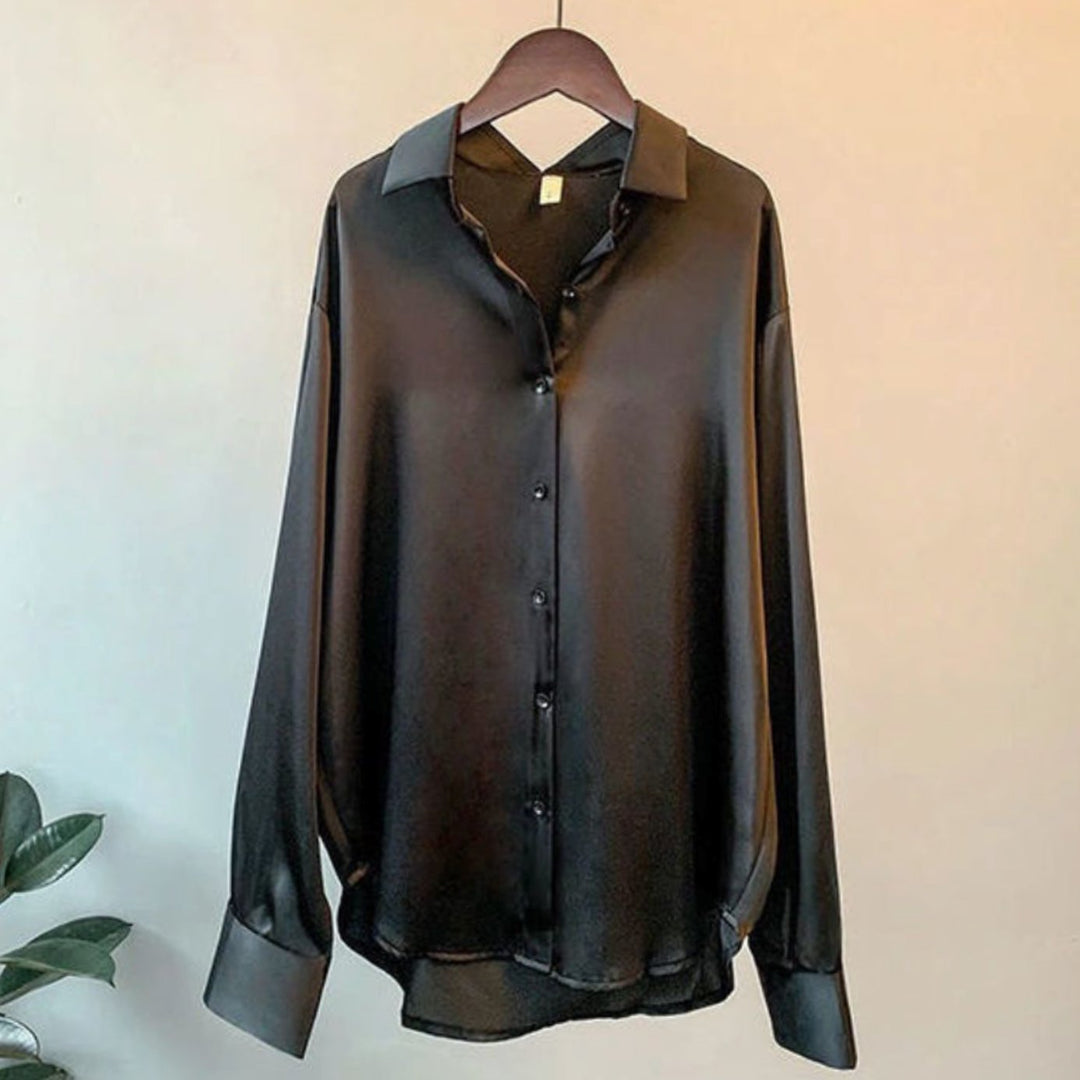 Women's Loose-Fit Button-Down Satin Blouses Long Sleeve Shirt - Black