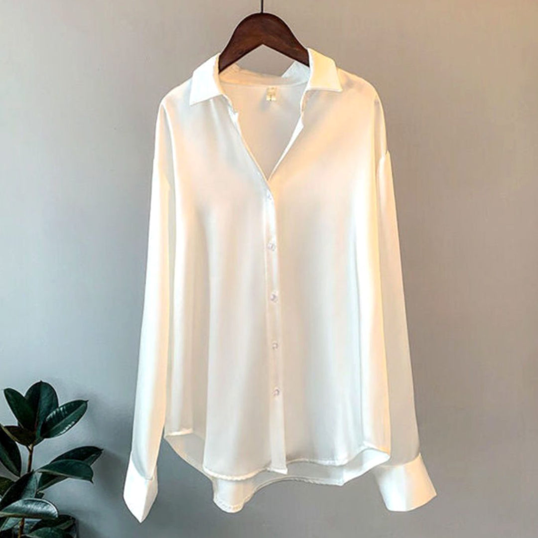 Women's Loose-Fit Button-Down Satin Blouses Long Sleeve Shirt - White