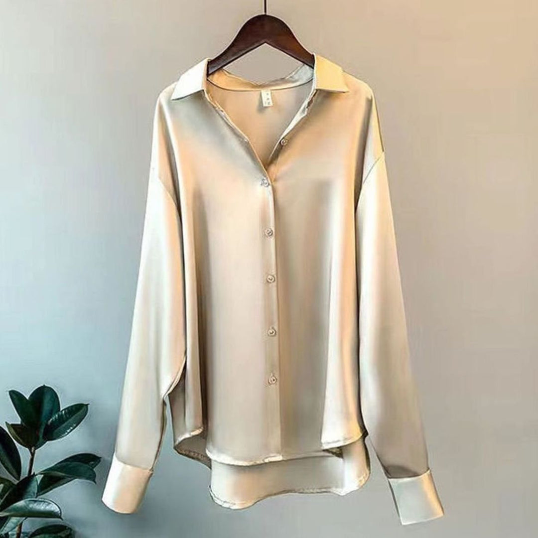 Women's Loose-Fit Button-Down Satin Blouses Long Sleeve Shirt - Beige