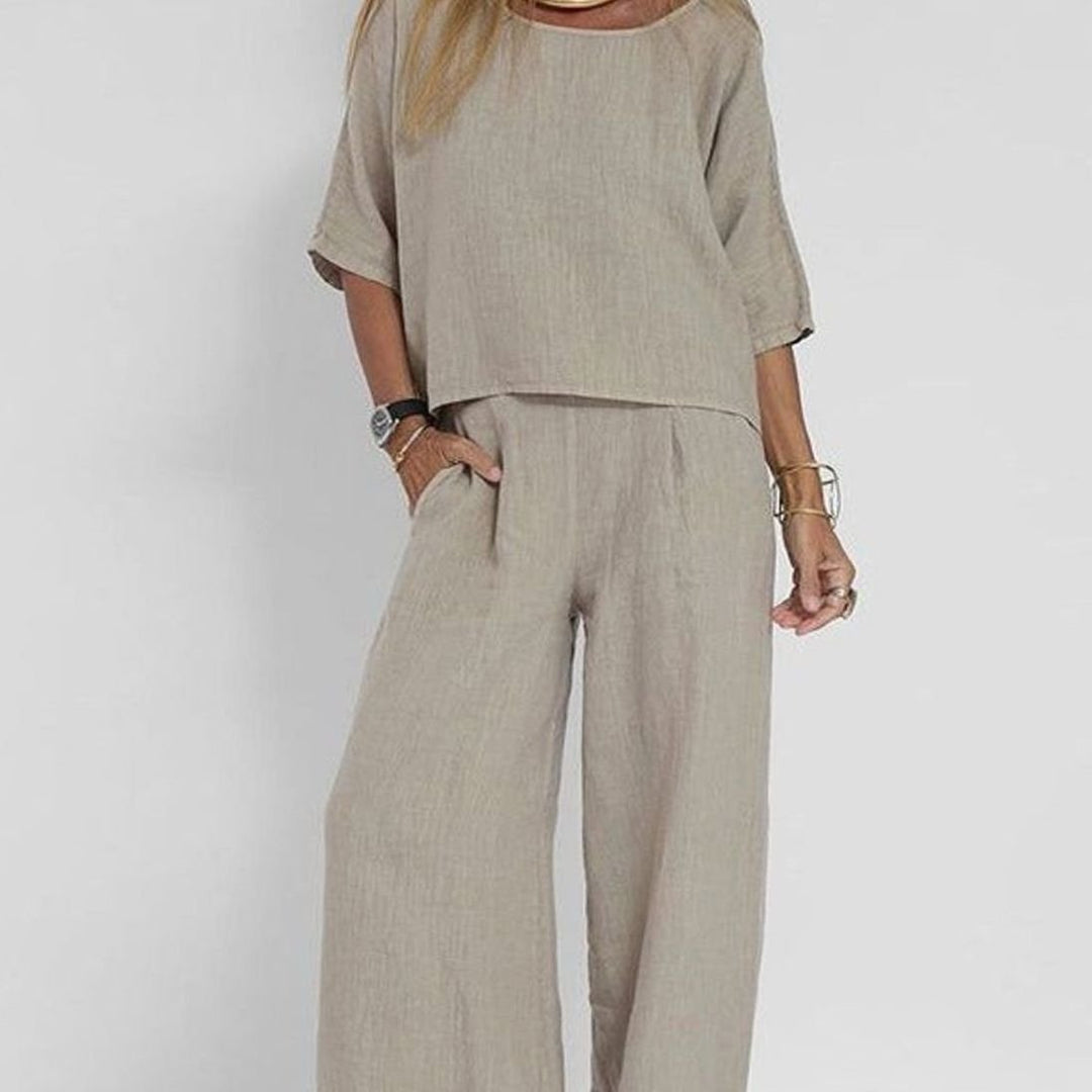 Women's Loose-Fit Linen-Look Two-Piece Matching Outfit Set - Light Gray