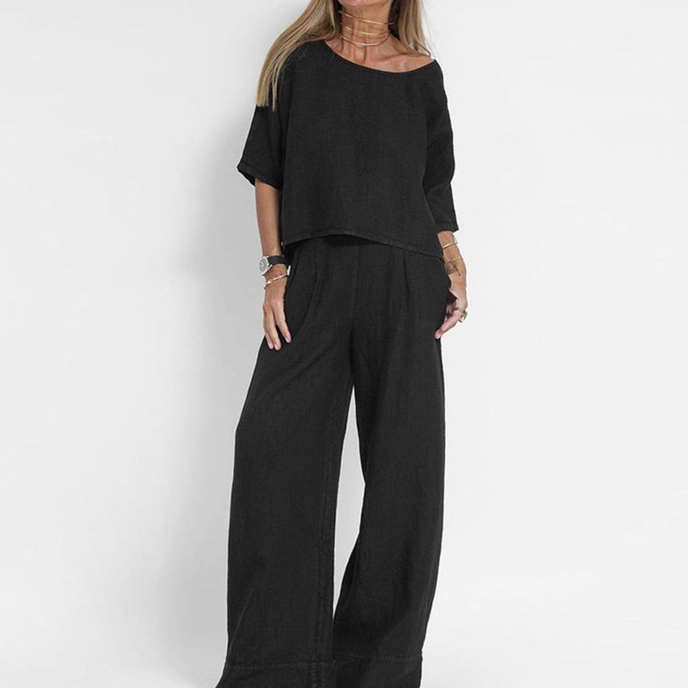 Women's Loose-Fit Linen-Look Two-Piece Matching Outfit Set - Black