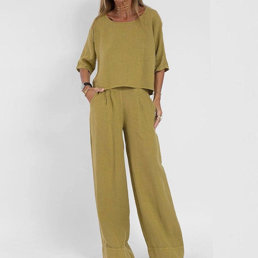 Women's Loose-Fit Linen-Look Two-Piece Matching Outfit Set - Yellow