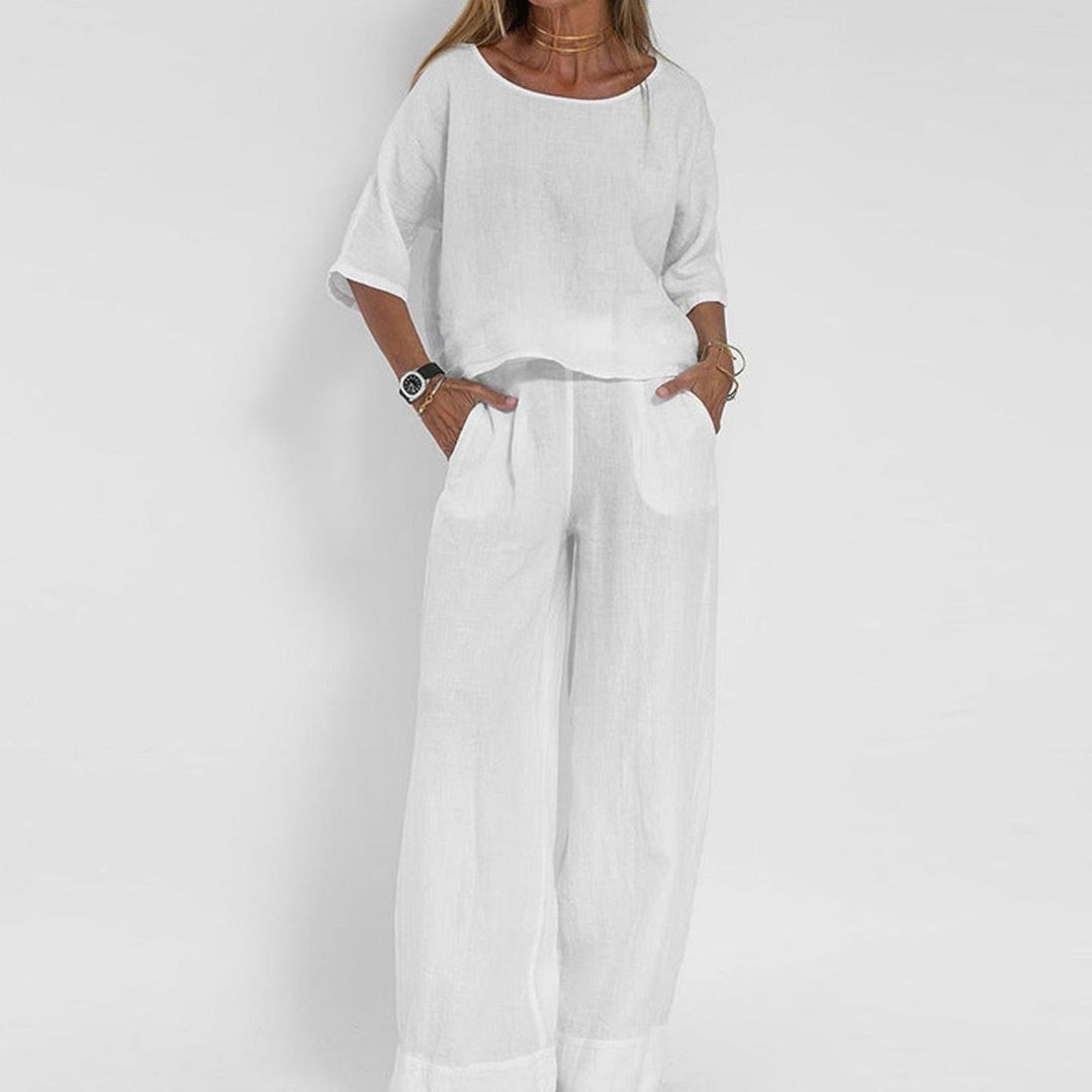 Women's Loose-Fit Linen-Look Two-Piece Matching Outfit Set - White