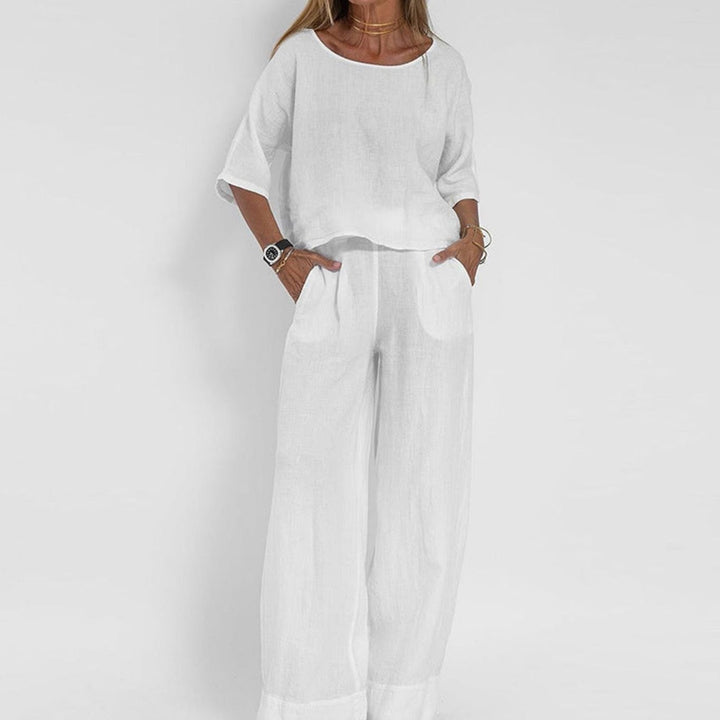 Women's Loose-Fit Linen-Look Two-Piece Matching Outfit Set - White