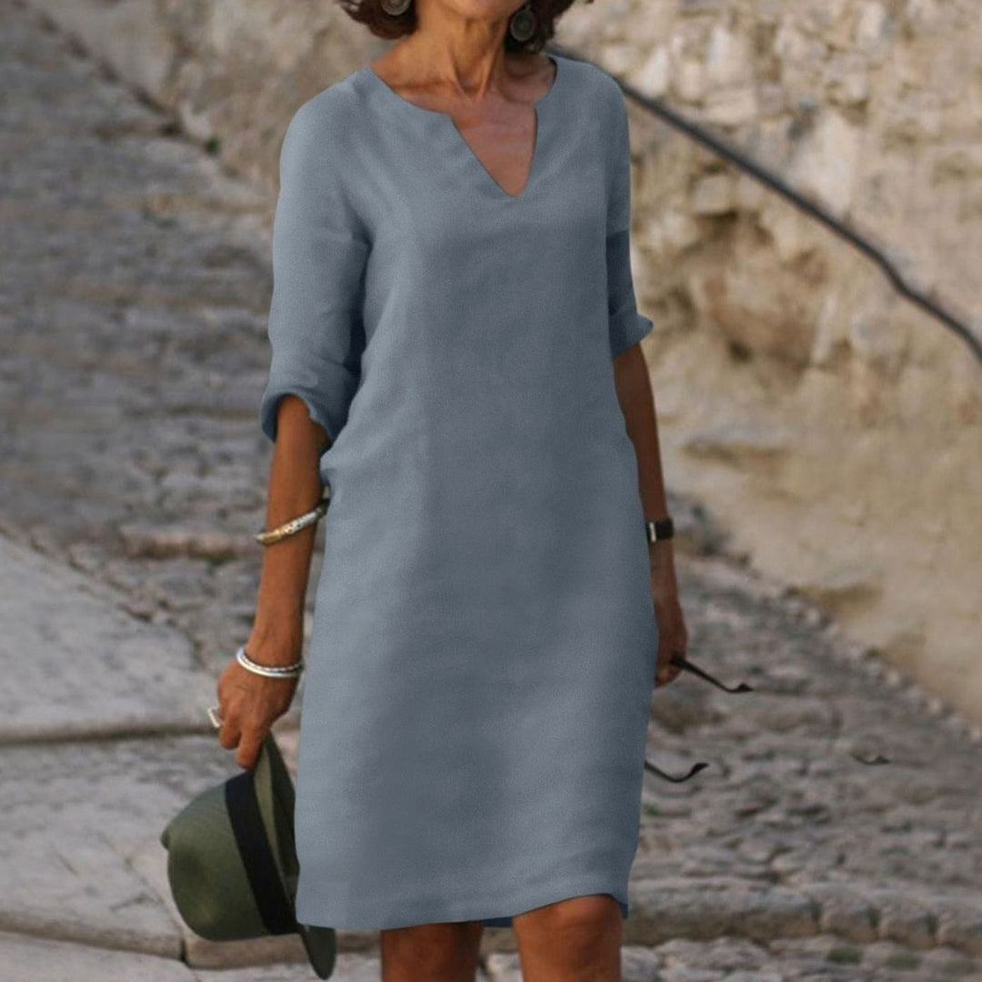 Women's Loose-Fit V-Neck 3/4 Sleeve Casual Midi Dress - Grey