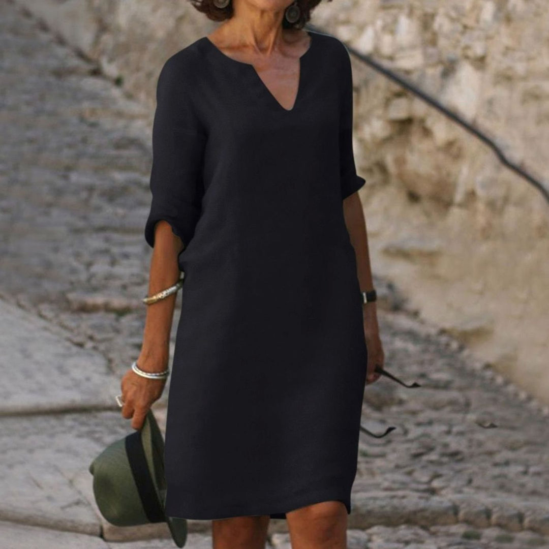 Women's Loose-Fit V-Neck 3/4 Sleeve Casual Midi Dress - Black