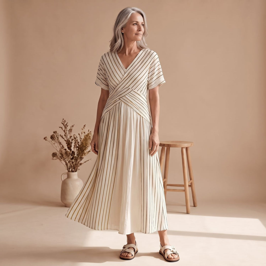 Women's Loose-Fit V-Neck Striped Maxi Dress - Brown