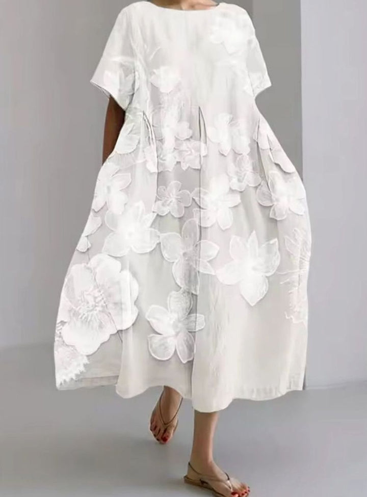 Women's Loose Floral Applique Round-Neck Maxi Dress - White Floral