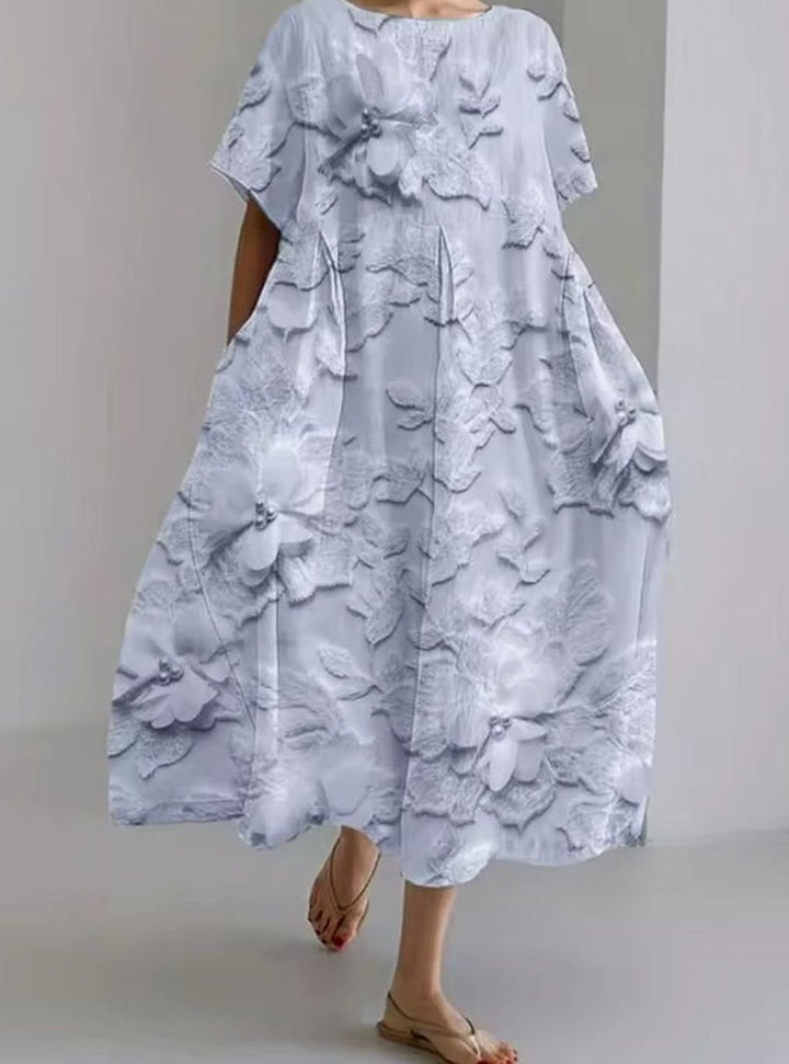 Women's Loose Floral Applique Round-Neck Maxi Dress - Light Blue