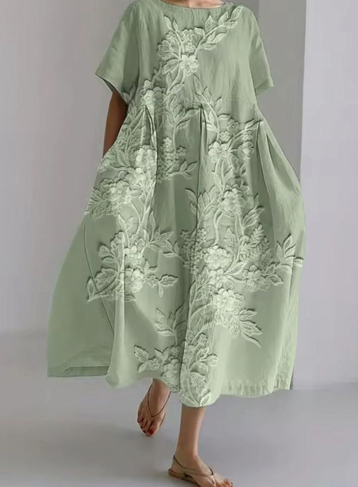 Women's Loose Floral Applique Round-Neck Maxi Dress - Floral Green