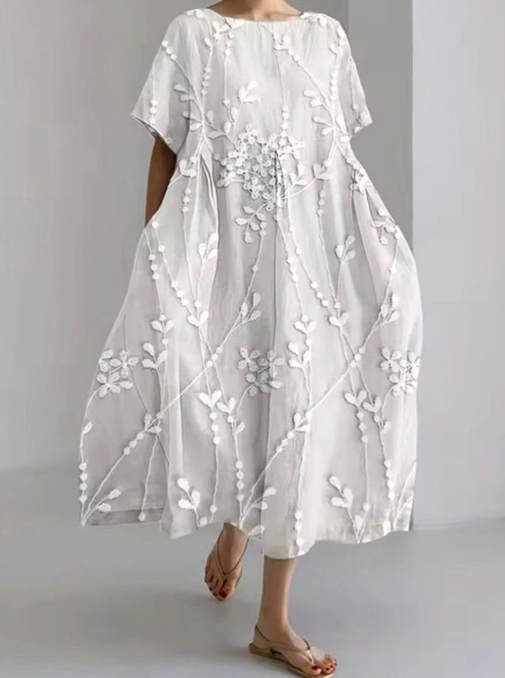 Women's Loose Floral Applique Round-Neck Maxi Dress - Floral Gray