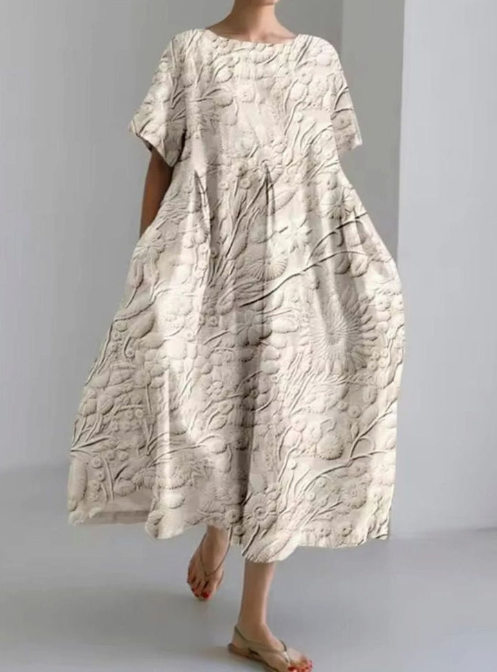 Women's Loose Floral Applique Round-Neck Maxi Dress - Floral Beige