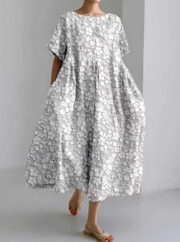 Women's Loose Floral Applique Round-Neck Maxi Dress - Floral Dark Gray