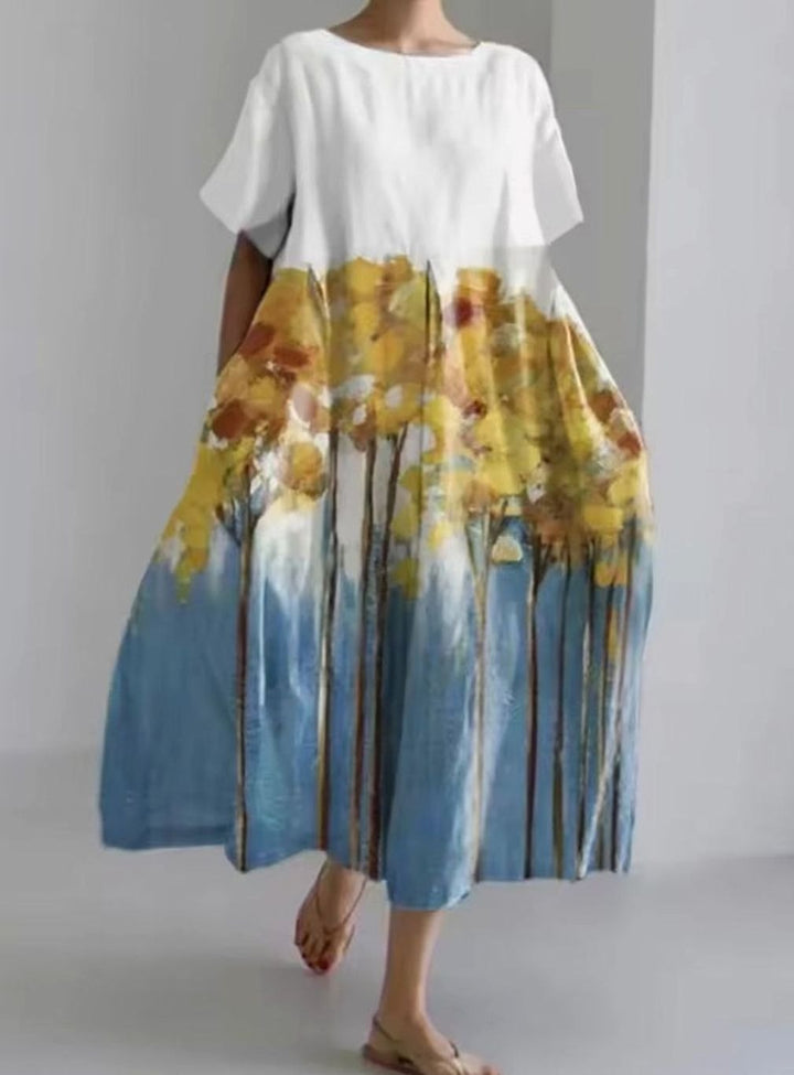 Women's Loose Floral Applique Round-Neck Maxi Dress - Multicolor 1