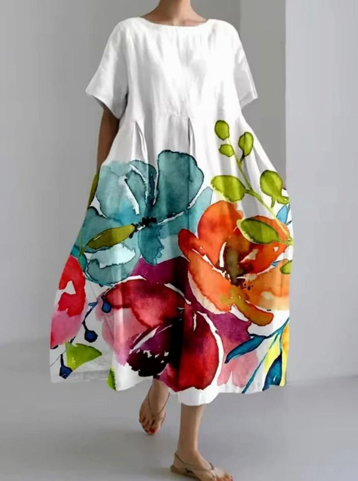 Women's Loose Floral Applique Round-Neck Maxi Dress - Multicolor 2