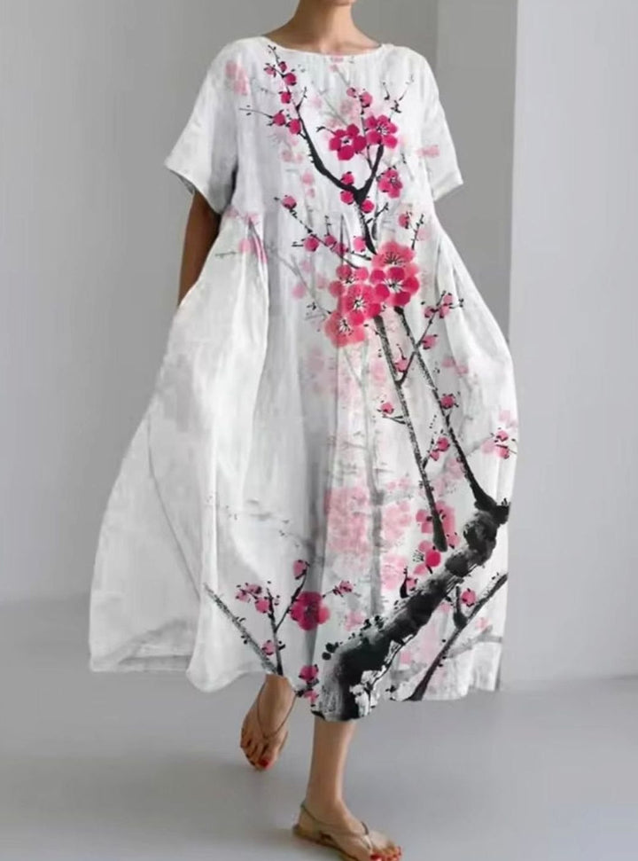 Women's Loose Floral Applique Round-Neck Maxi Dress - White Pink
