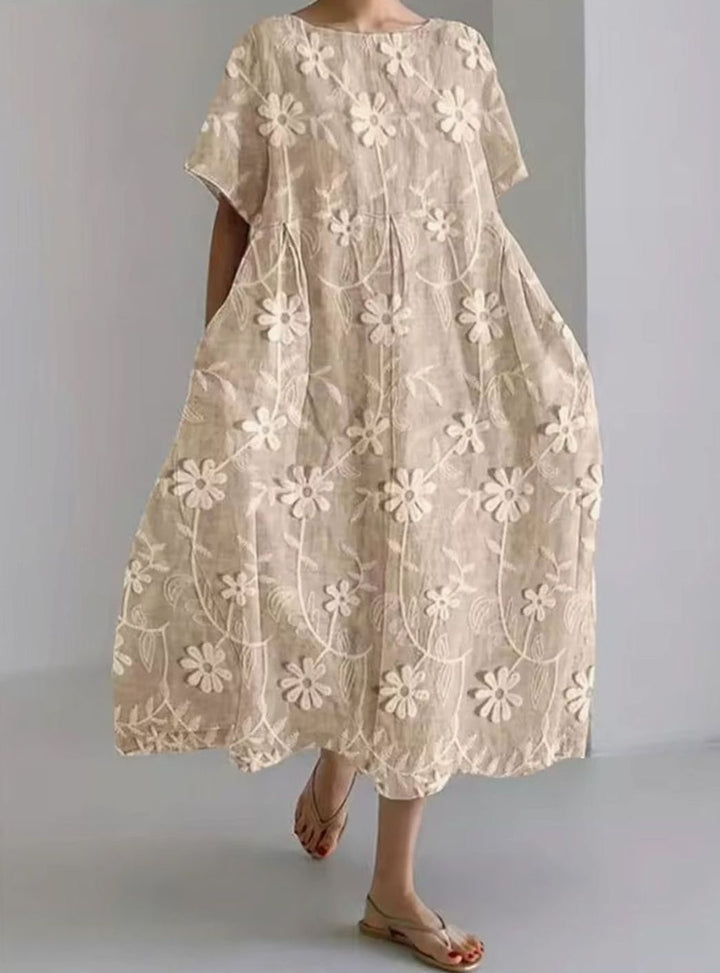 Women's Loose Floral Applique Round-Neck Maxi Dress - Floral Khaki