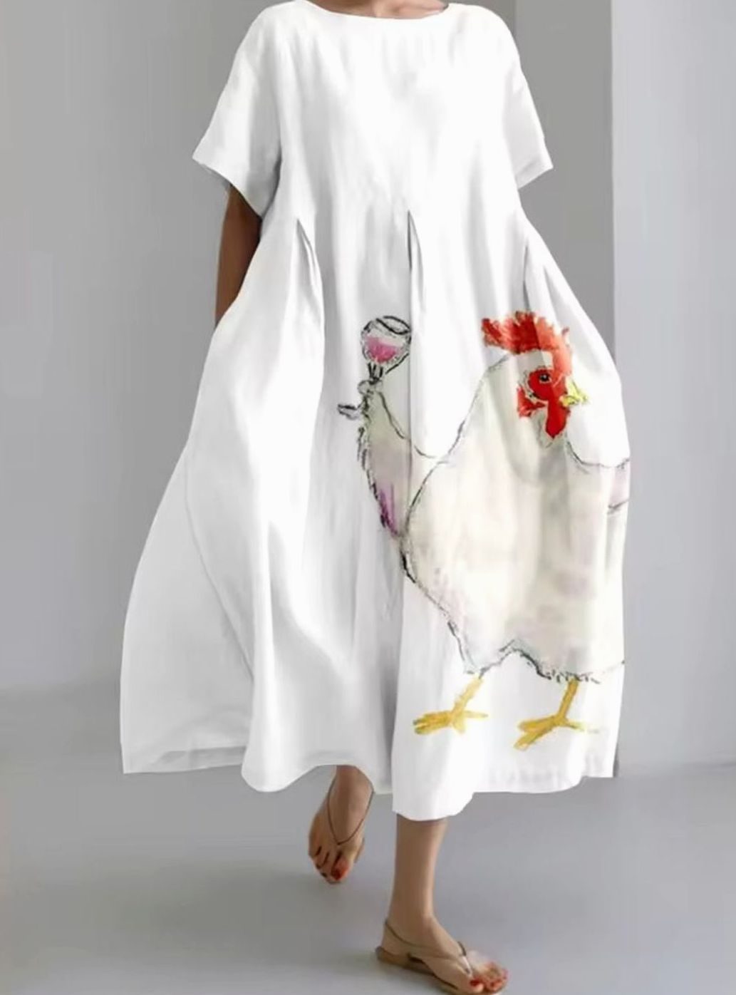 Women's Loose Floral Applique Round-Neck Maxi Dress - Printed White