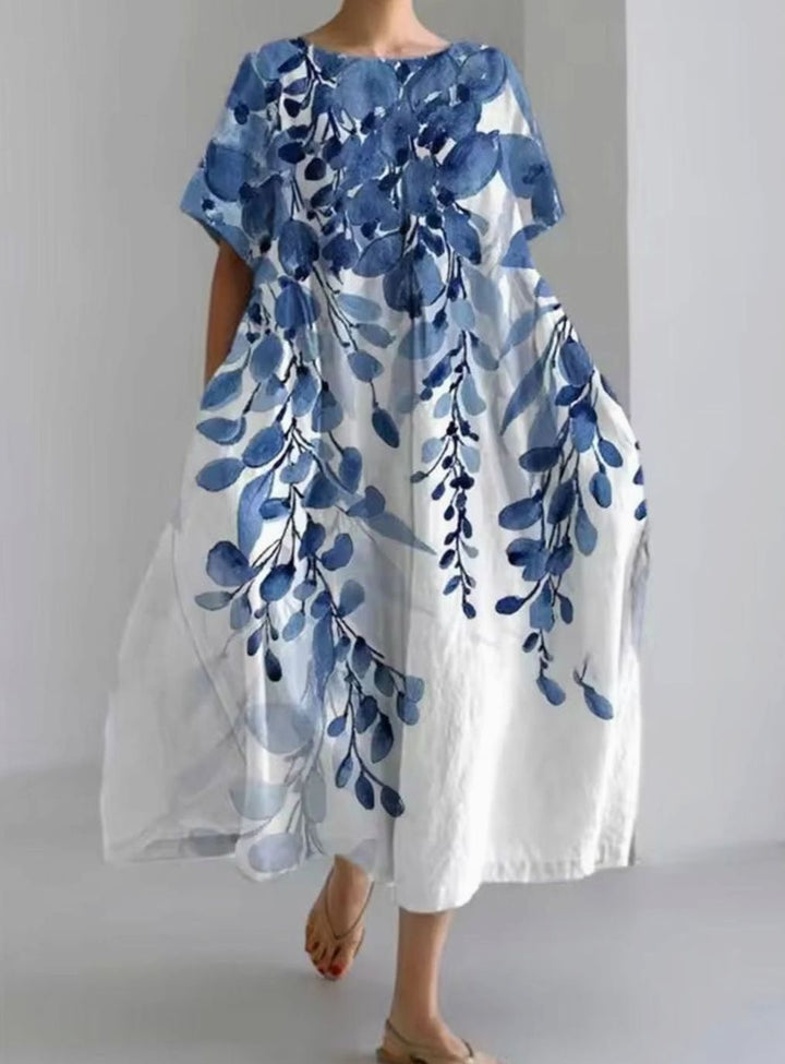 Women's Loose Floral Applique Round-Neck Maxi Dress - Floral Blue