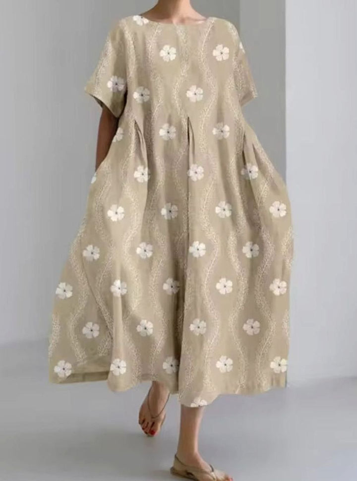 Women's Loose Floral Applique Round-Neck Maxi Dress - Floral Brown