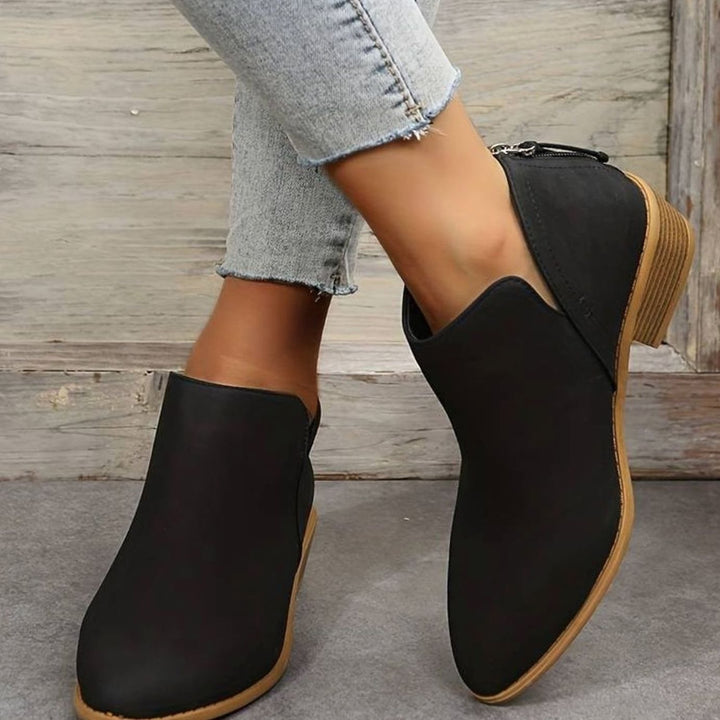 Women's Low-Heel Pointed-Toe Slip-On Suede Ankle Boots - Black