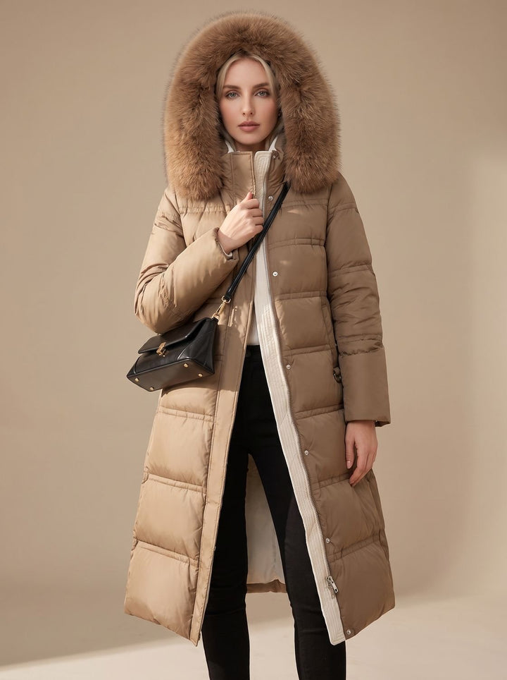 Women's Luxury Long Puffer Parka Fur-Hood Winter Coat - Brown