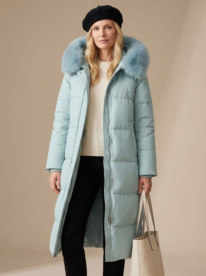 Women's Luxury Long Puffer Parka Fur-Hood Winter Coat - Blue
