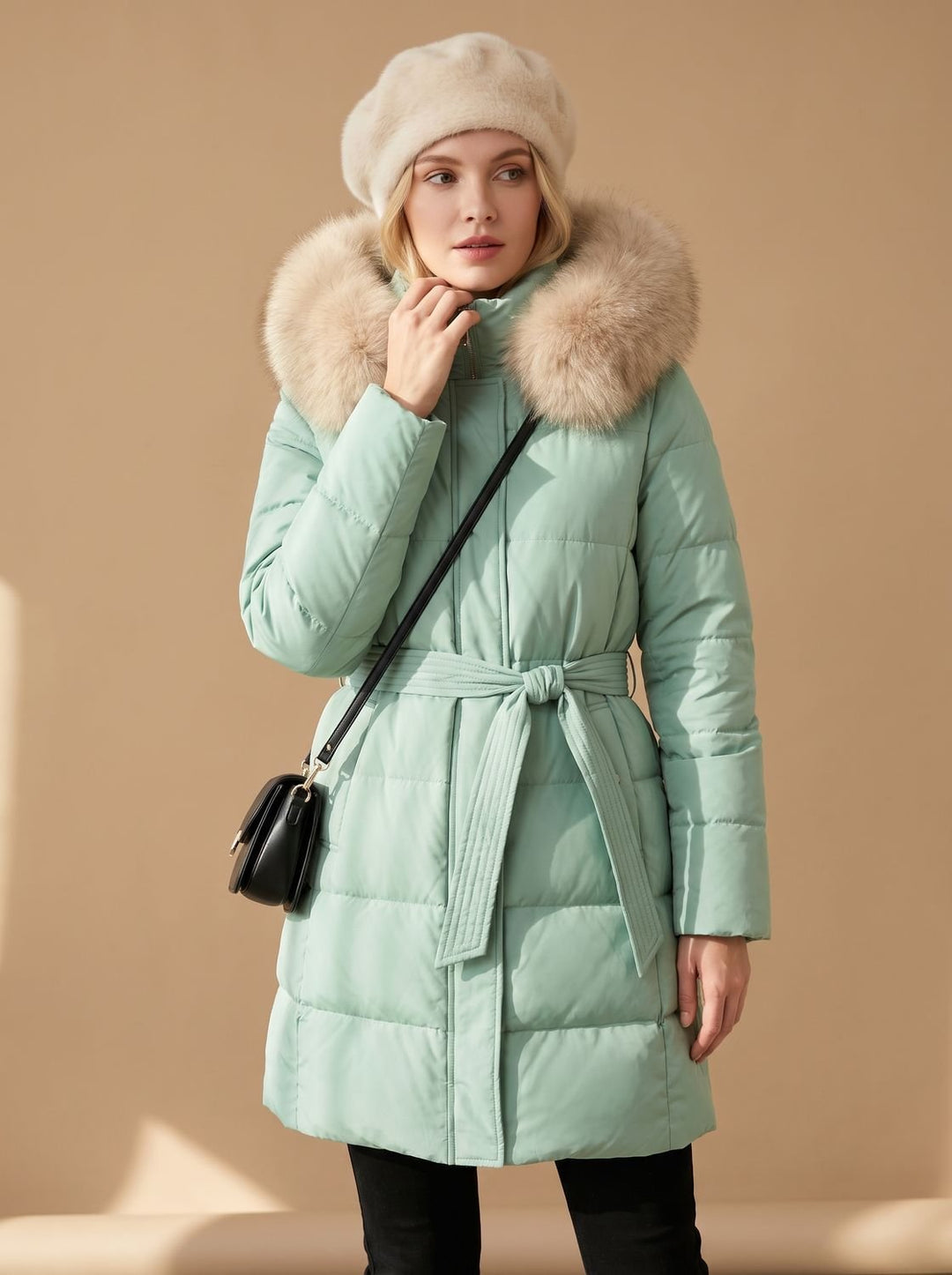 Women's Luxury Long Puffer Parka Fur-Hood Winter Coat - Blue and White