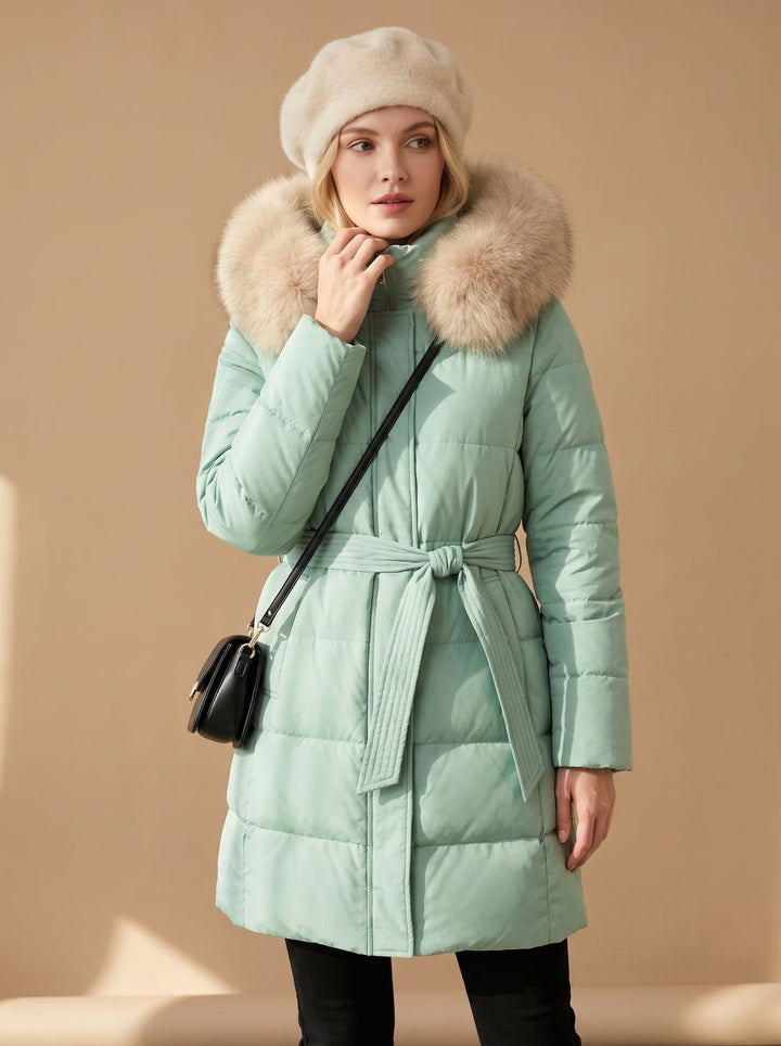 Women's Luxury Long Puffer Parka Fur-Hood Winter Coat - Blue and White