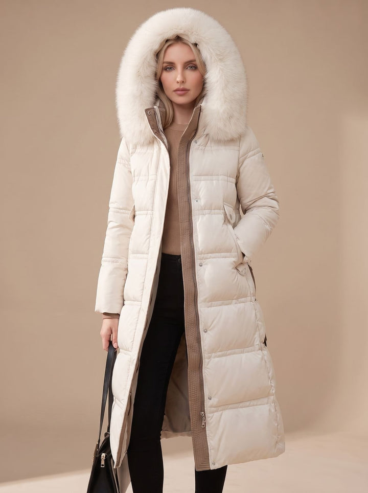 Women's Luxury Long Puffer Parka Fur-Hood Winter Coat - White