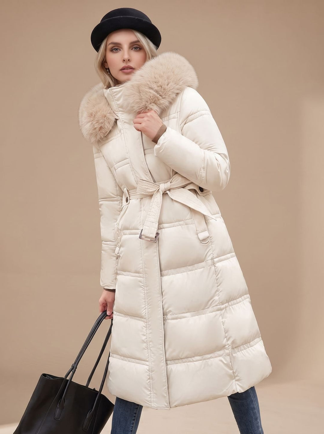 Women's Luxury Long Puffer Parka Fur-Hood Winter Coat - White and Beige
