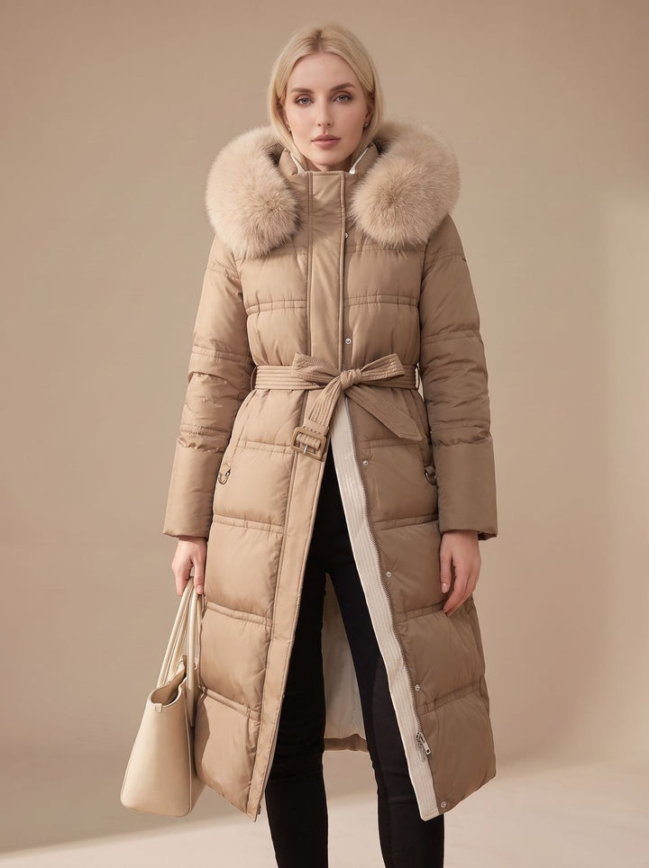Women's Luxury Long Puffer Parka Fur-Hood Winter Coat - Brown and Beige