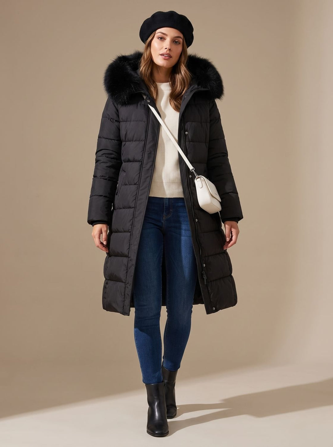 Women's Luxury Long Puffer Parka Fur-Hood Winter Coat - Black