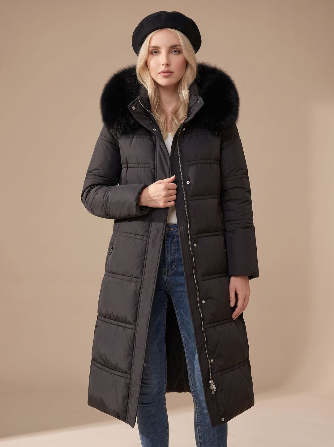 Women's Luxury Long Puffer Parka Fur-Hood Winter Coat