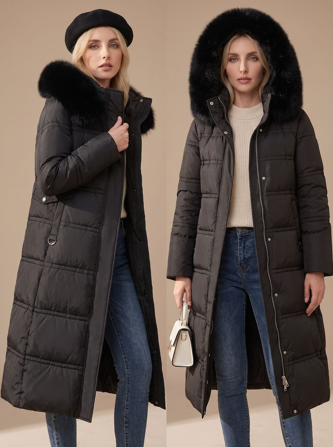 Women's Luxury Long Puffer Parka Fur-Hood Winter Coat