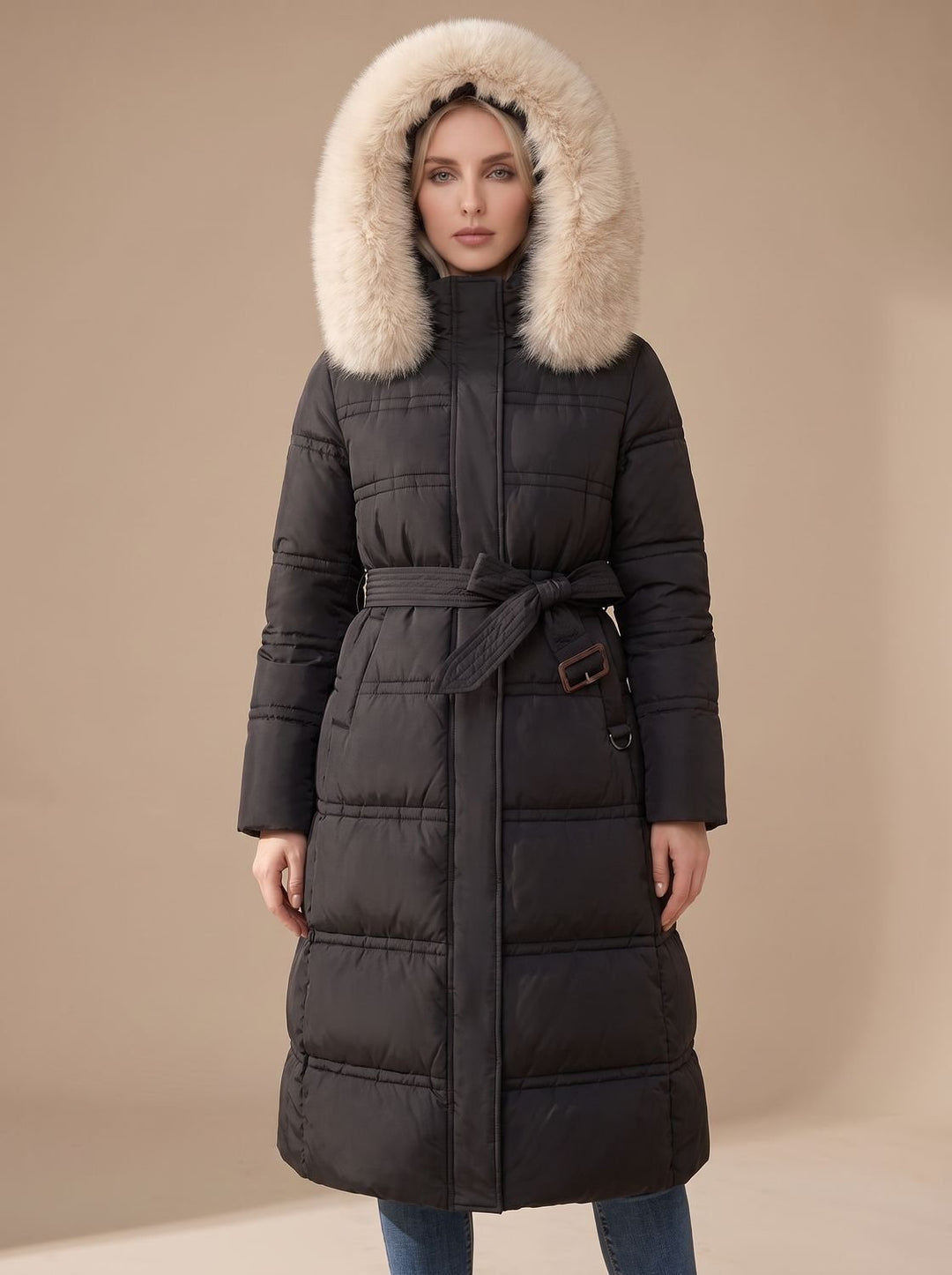 Women's Luxury Long Puffer Parka Fur-Hood Winter Coat - Black and White