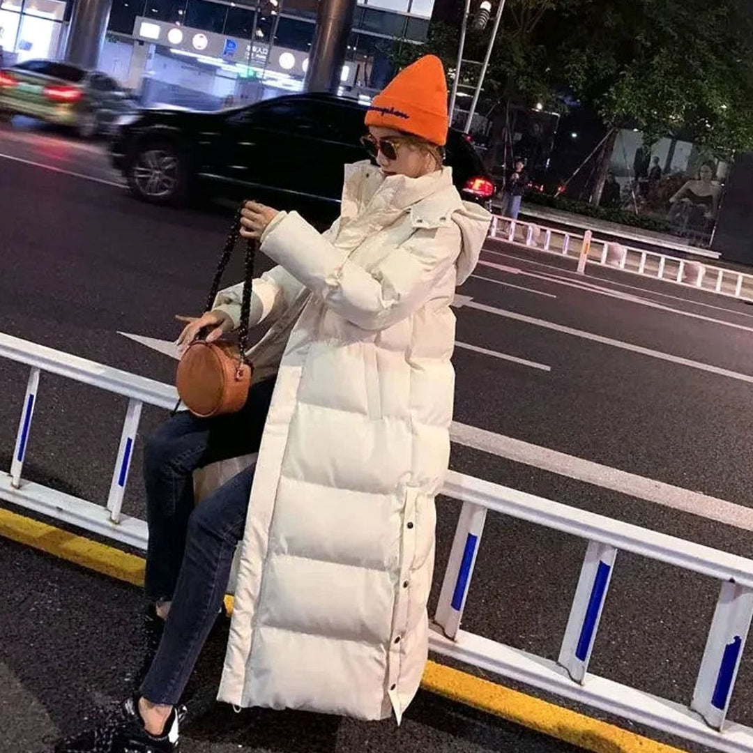 Women's Maxi-Length Hooded Long Puffer Coat - White